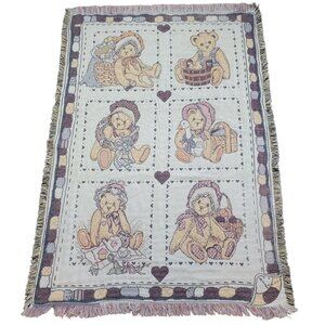VTG Priscilla Hillman Teddy Bear Woven Tapestry Throw Blanket Nursery *READ*